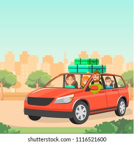 The family goes by car with suitcases. Travelling by car with children. Red family car. A trip out of town. Father, mother and children traveling by car. Vector illustration.