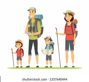 Family goes camping - cartoon people characters illustration on white background. Young parents and their children, boy and girl hiking, with backpacks, maps, mats, compass. Family, leisure concept