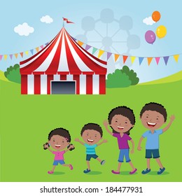 Family goes to the circus. Vector illustration of happy family going to the circus tent for fun.