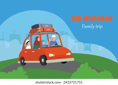 Family goes mudik to their home in their village celebrating Eid Mubarak flat 2d vector illustration