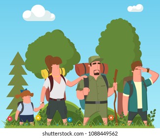 the family goes on a hike to the forest and mountains. vector illustration