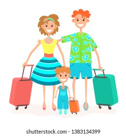 Family goes on vacation, flat colorful drawing. Cartoon character father, mother and child with suitcase on wheels go to in trip travel holiday, isolated on white background. Vector illustration