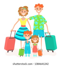 Family goes on vacation, flat colorful drawing. Cartoon character father, mother and children with suitcase on wheels go to in trip travel holiday, isolated on white background. Vector illustration