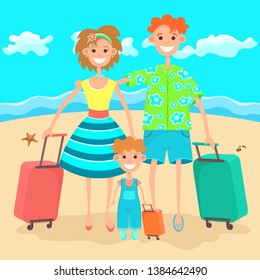 Family goes on vacation, flat colorful drawing. Cartoon character father, mother and and child with suitcase on holiday against the background of the beach, sea and blue sky. Vector illustration