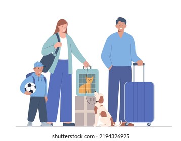 Family Goes On Vacation. Mother, Father, Child, Cat And Dog Travel Together. Concept Of Traveling With Pets.