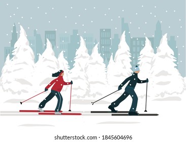 The family goes skiing in the winter forest, people lead an active lifestyle.  The concept of health, sports, friendly family, winter recreation.  Vector illustration.