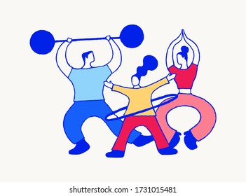 The family goes in for sports. Mom does yoga, dad does weightlifting, daughter twists the hoop. Abstract stylized hand vector illustration