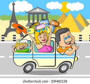 The family goes to stay in a house on wheels. Family traveling on the road, and enjoys looking at the sights.