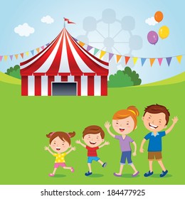 Family Going To The Circus. Vector Illustration Of Happy Family Going To The Circus Tent.