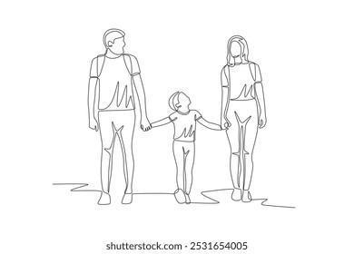 Family going hiking. Hiking with families concept one-line drawing