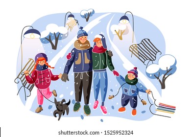 Family going home flat vector illustration. Parents and little children in warm clothes cartoon characters. Mother, father, son and daughter holding hands in park. Happy childhood, parenthood