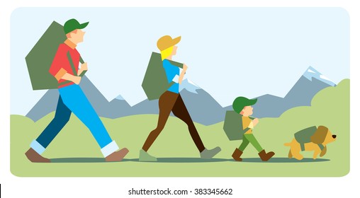 Family going to the mountain with backpacks. Family travelers, active forms of recreation, hiking, adventures. On the background of mountains with snow-capped peaks.