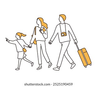 La familia va de viaje, el hombre con una maleta. Salida para lugares de interés turístico. Disfrute de viajar al extranjero