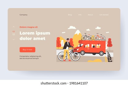 Family going on trip together. Son with bicycle, bikes on top of van, father driving flat vector illustration. Family, road trip, holiday concept for banner, website design or landing web page