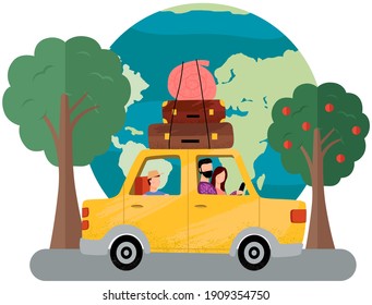 Family is going on vacation, journey on weekend by car. People in vehicle on background of planet Earth having holidays. Parents and child are traveling with luggage. World globe vector illustration