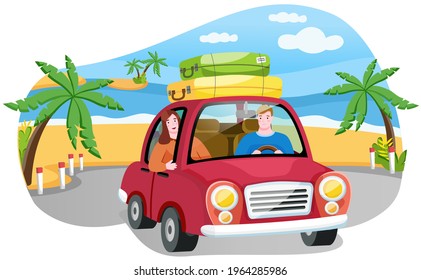 Family is going on vacation, journey on weekend by car. People in red vehicle on background of sunny palm beach having holidays. Couple is traveling with luggage. World globe vector illustration