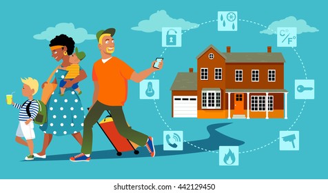 Family Going On Vacation, A Man Arming A Home Security System On His Way Out, EPS 8 Vector Illustration, No Transparencies