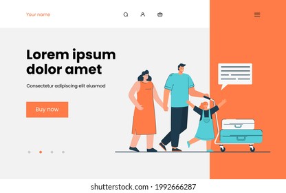 Family going on vacation vector illustration. Happy family carrying baggage. Husband holding wifes had, daughter jumping joyfully. Travelling concept for banner, website design or landing web page