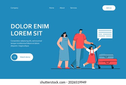 Family going on vacation vector illustration. Happy family carrying baggage. Husband holding wifes had, daughter jumping joyfully. Travelling concept for banner, website design or landing web page