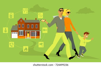 Family Going Out, A Man Arming A Home Security System On His Way, Using His Smartphone, EPS 8 Vector Illustration, No Transparencies