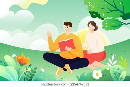 Family going out for a picnic in spring with forest and flowers in the background, vector illustration