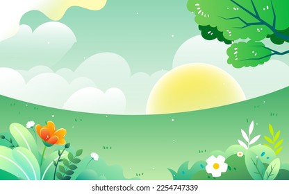 Familie, die im Frühling ein Picknick macht mit Wald und Blumen im Hintergrund, Vektorgrafik