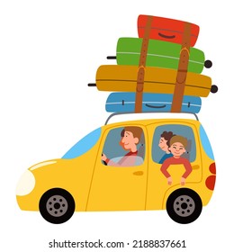The family is going to rest by car. A car with a bunch of suitcases on the roof.