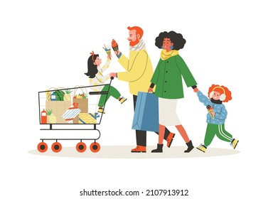 Family Going Shopping Together, Cartoon Flat Vector Illustration Isolated On White Background. Father, Mother And Children Carry Bags And Gifts On Grocery Trolley.