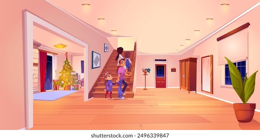 Family going upstairs at home on Christmas eve. Vector cartoon illustration of parents preparing sad children for bedtime on holiday night, gift boxes under decorated X-mas tree, living room interior