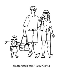 family golf line pencil drawing vector. outdoors course, happy activity, caucasian game, female leisure, male person, child lifestyle family golf character. people Illustration