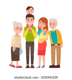 Family with good emotions, daddy and son, mother and newborn child, grandparents, big family and happiness, vector illustration isolated on white