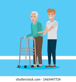 family grandchild help grandfather walk vector illustration