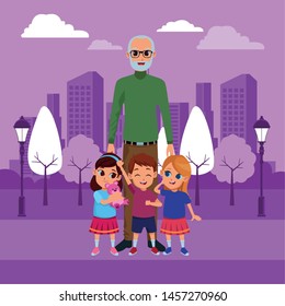 Family grandchildren and grandfather of hand on colorful cityscape background ,vector illustration graphic design.