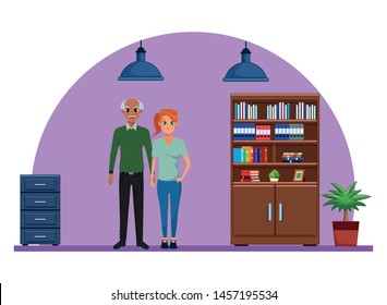 Family grandfather with adult granddaughter smiling cartoon inside library with bookshelf and office cabinet vector illustration graphic design.