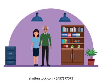 Family grandfather with adult granddaughter smiling cartoon inside library with bookshelf and office cabinet vector illustration graphic design.