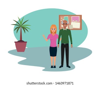 Family grandfather with adult granddaughter smiling cartoon inside office with plant pot and corkboard vector illustration graphic design.