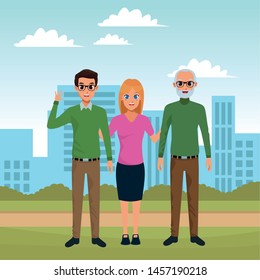 Family grandfather and father with adult daughter cartoon in the city park scenery ,vector illustration graphic design.