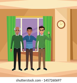 Family grandfather with father and adult son greeting inside home scenery with windows and wall clock ,vector illustration graphic design.