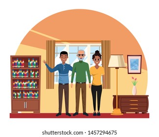 Family grandfather and grandmother with adult son and daughter inside home living room scenery ,vector illustration graphic design.