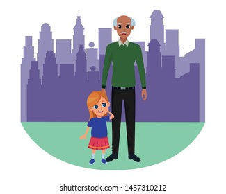 Family grandfather and little granddaughter smiling cartoon in the city urban scenery background ,vector illustration graphic design.