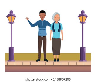 Family grandmother with adult afro son smiling cartoon on the street urban scenery ,vector illustration graphic design.