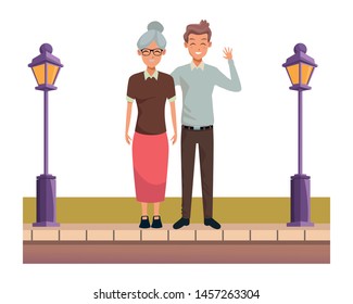Family grandmother with adult son smiling cartoon on the street urban scenery ,vector illustration graphic design.