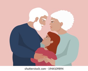 Family grandmother, grandfather, granddaughter hug, look into each other's eyes. The concept of love between different generations, old and young. An elderly couple with a gray head. Vector graphics.
