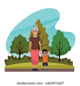 Family grandmother with little grandson cartoon in nature outdoors scenery ,vector illustration graphic design.
