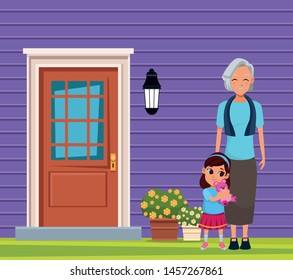 Family grandmother taking care of granddaughter with teddy on house door and wall background scenery ,vector illustration graphic design.