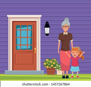 Family grandmother taking care of granddaughter on house door and wall background scenery ,vector illustration graphic design.