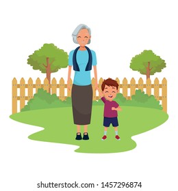 Family grandmothertaking care of grandson cartoon in nature park outdoors scenery background ,vector illustration graphic design.