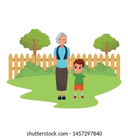 Family grandmothertaking care of grandson cartoon in nature park outdoors scenery background ,vector illustration graphic design.