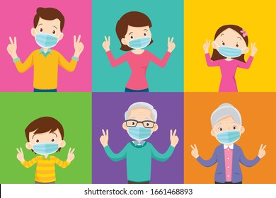 family and grandparent wearing protective Medical mask on colorful background family wearing protective Medical mask for prevent virus Wuhan COVID-19