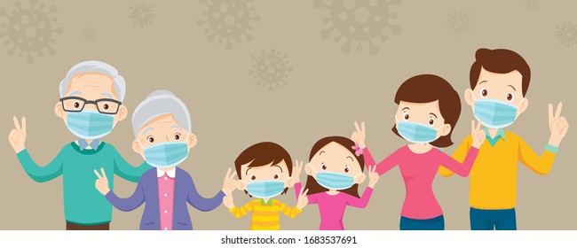 family and grandparent wearing protective Medical mask for coronavirus,Covid-19, Wuhan and show victory, family wearing protective Medical mask for prevent virus Covid 19 and victory hand.